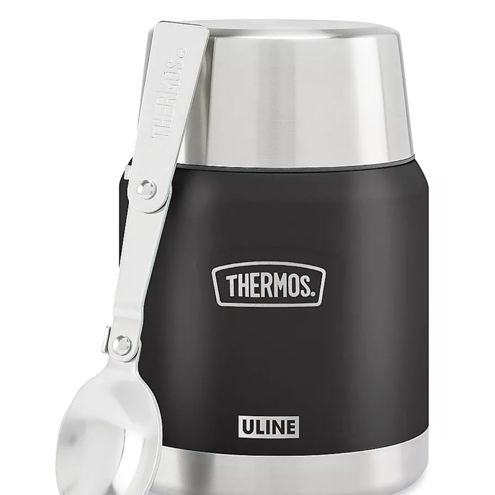 Thermos Black and Stainless Steel Insulated Food Jar with Foldable Spoon 16 oz